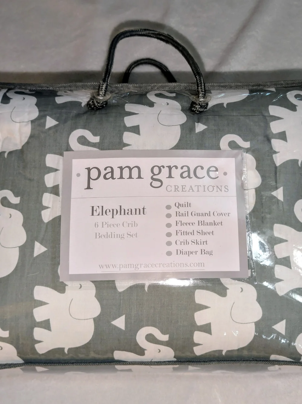 Pam Grace Creations Elephant 6-Piece Crib Bedding Set Gray White NEW